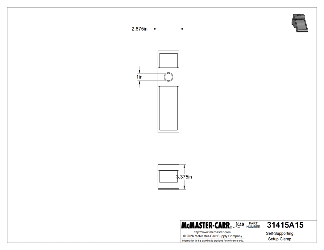 Technical Drawing of Self-Supporting Setup Clamp, for 5" Maximum Workpiece Thickness and 1" Diameter Stud.